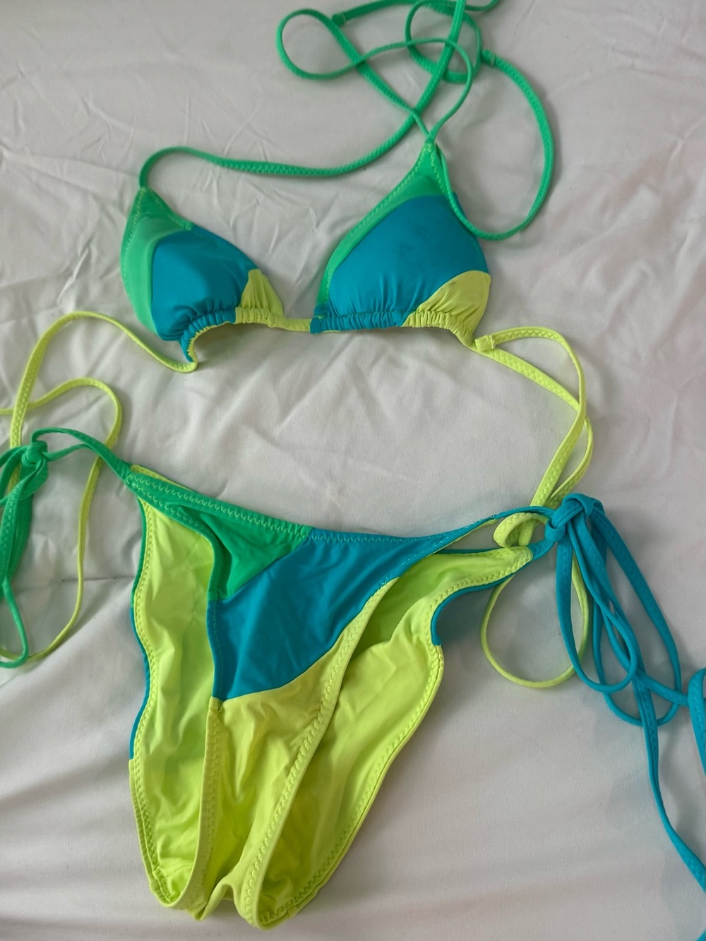 Two-Tone Lime & Teal Triangle Bikini with Adjustable Ties